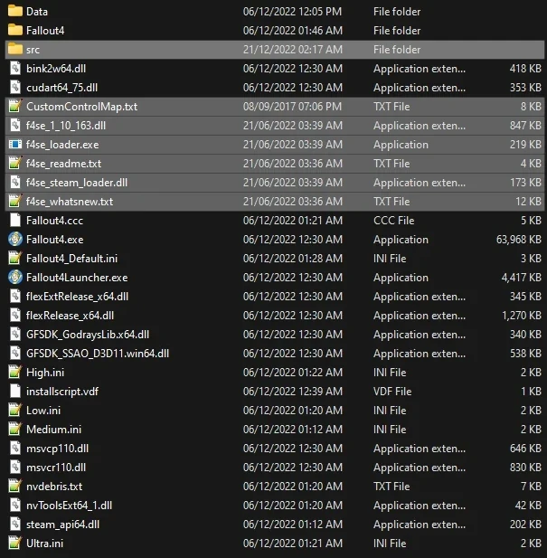 Screenshot of the root folder showcasing correct F4SE install